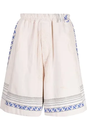 BY WALID Floral-embroidered linen drop-crotch shorts