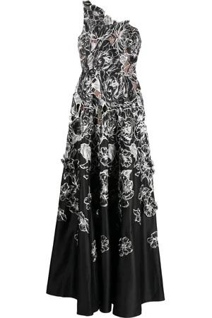 Marchesa Notte Floral-appliqué one-shoulder dress
