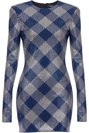 Balmain Gingham rhinestone mini dress