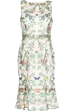 Marchesa Notte Floral-embroidery boat-neck midi dress