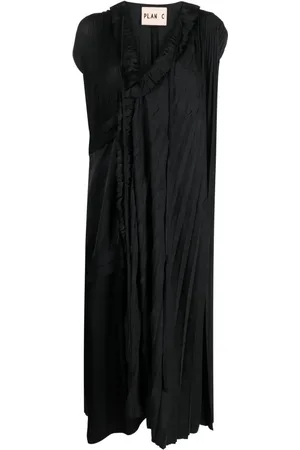 Plan C Plissé-effect asymmetric midi dress