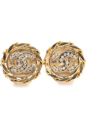 CHANEL 1980-1990 Plated CC Crystal Clip On Earrings costume earrings