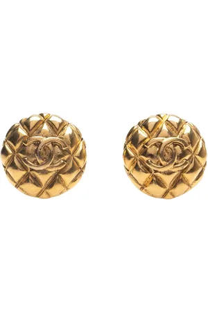 CHANEL 1980-1990 CC Plated Quilted Round Clip On Earrings costume earrings