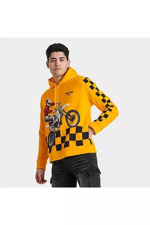 Ralph Lauren Men Sports Hoodies - Men's Ralph Lauren Polo Sport Motocross Graphic Fleece Pullover Hoodie in Yellow/Sapphire Star Size Medium
