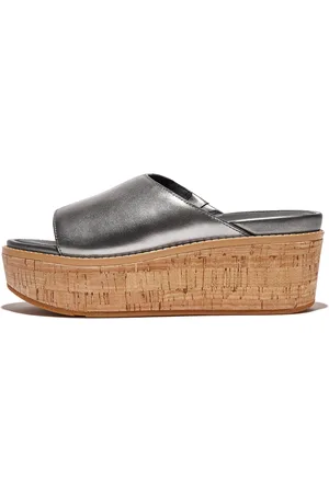 FitFlop ELOISE Cork-Wrap Metallic-Leather Wedge Slides, Outlet