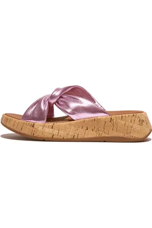 FitFlop F-MODE Metallic Leather-Twist Flatform Slides (Cork Wrap), Outlet