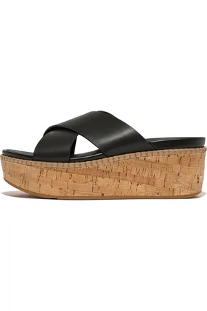 FitFlop ELOISE Leather/Cork Wedge Cross Slides, Outlet