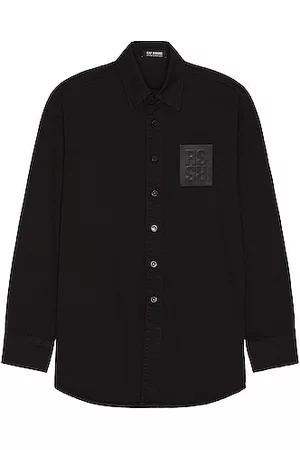 RAF SIMONS Straight Fit Denim Shirt With Leather Patch in Black