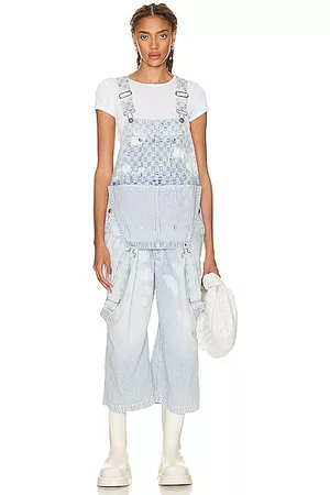 R13 Double Bib Cropped Overall in Blue