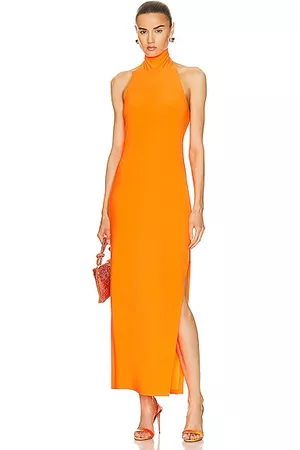 Norma Kamali Halter Turtle Side Slit Gown in Orange