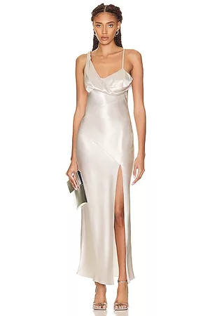 Nicholas Shirly Draped Asymmetrical Midi Dress in Taupe