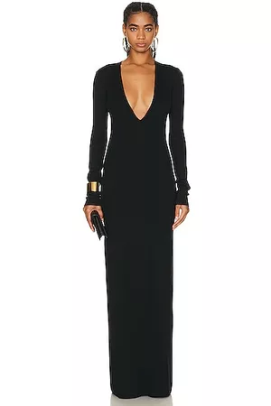 Saint Laurent Women Long Sleeve Dresses - Plunge Long Sleeve Gown in Black