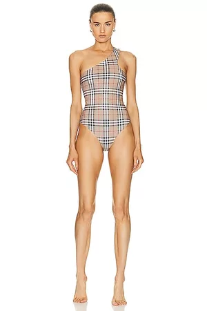 Burberry Women Swimsuits - One Shoulder One Piece Swimsuit in Tan