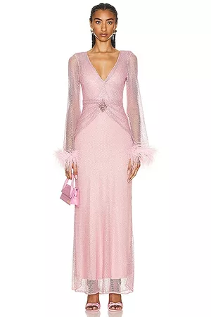 PATBO Women Evening Dresses & Gowns - Feather Trim Rhinestone Netted Plunge Gown in Pink