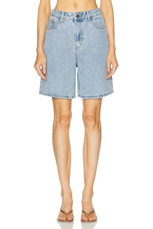 Self-Portrait Rhinestone Denim Shorts in Denim-Light
