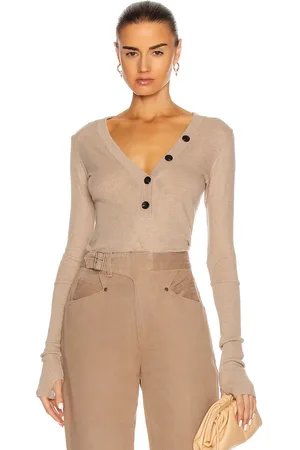 ENZA COSTA Cashmere Long Sleeve Cuffed Henley Top in Tan