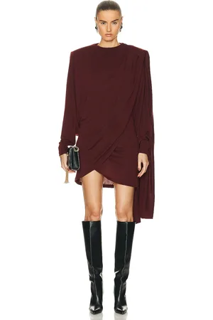 Saint Laurent Long Sleeve Draped Dress in Burgundy
