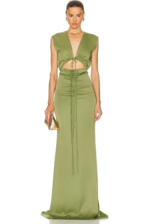 LAPOINTE Stretch Satin Shirred V Neck Maxi Dress in