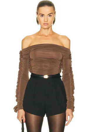 Saint Laurent Off the Shoulder Bodysuit in Brown