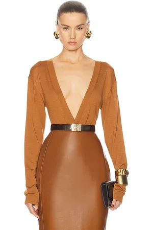 Saint Laurent V-neck Bodysuit in Burnt Orange