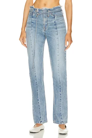 GRLFRND Adriana Belted Frayed Waist Slim Straight in Denim-Light