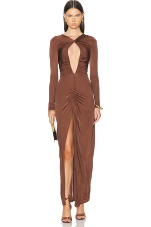 Atlein Cut Out Ruched Gown in Brown