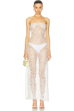 SID NEIGUM Sheer Floral Embroidered Strapless Dress in