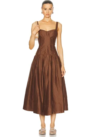 Nicholas Makenna Drop Waist Corset Midi Dress in Brown