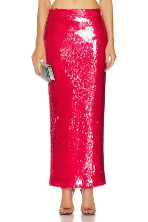 LAPOINTE Stretch Sequin Long Pencil Skirt in Red