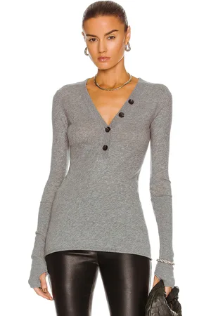 ENZA COSTA Cashmere Long Sleeve Cuffed Henley Top in Grey