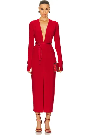 Norma Kamali Long Sleeve Deep V Neck Center Front Slit Gown in Red