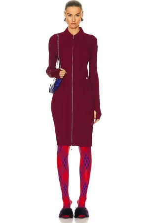 Burberry Ribbed Long Sleeve Dress in Burgundy
