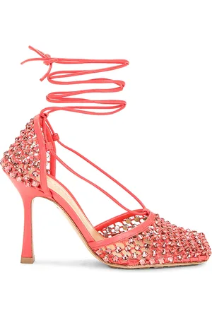 Bottega Veneta Web Sparkle Stretch Lace Up Sandals in Coral