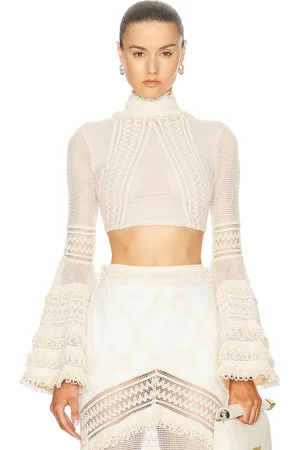 PATBO Woven Bell Sleeve Cropped Top in Cream