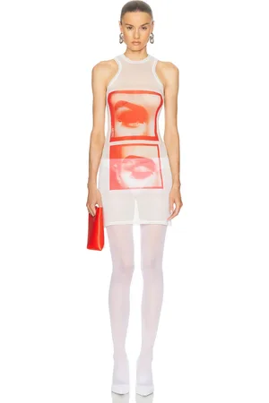 Jean Paul Gaultier Eyes And Lips Mesh Tank Top Short Dress in White,Red