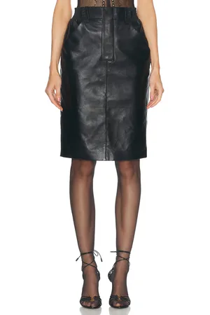 Saint Laurent Leather Midi Skirt in Black in Black