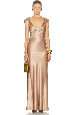 Saint Laurent Satin Long Dress in Nude