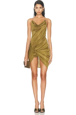 Atlein Chain Detail Ruched Strap Mini Dress in Olive