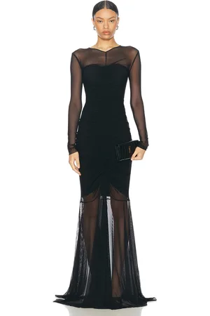 Norma Kamali Longsleeve V Neck Shirred Front Fishtail Gown in