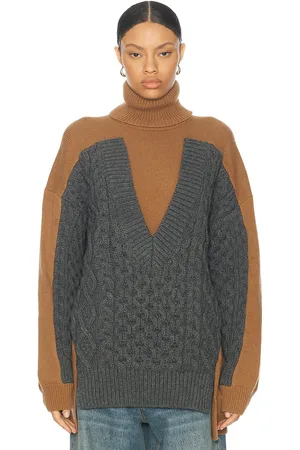 Stella McCartney Oversized Paneled Cable Turtleneck Sweater in Brown