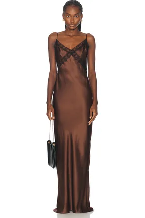 Kiki de Montparnasse Lace Inset Maxi Slip Dress in Brown