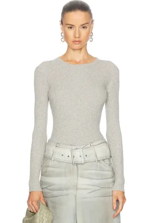 ENZA COSTA Cashmere Cotton Pointelle Longsleeve Crewneck Top in Grey