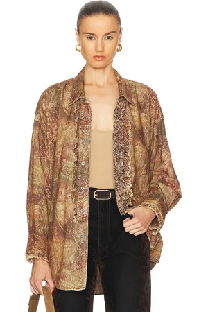 R13 Drop Neck Tuxedo Shirt in Brown