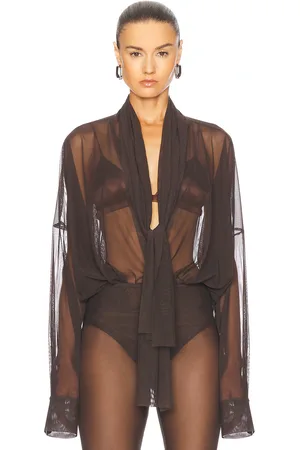 Norma Kamali Super Oversized Boyfriend Shirt Bow Bodysuit in Chocolate