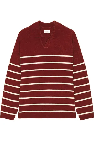 Saturdays NYC Mole Yarn Stripe Skipper Knit Polo in Red