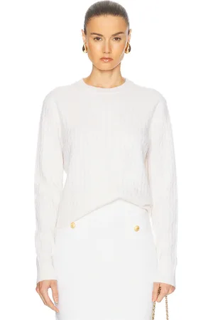 ENZA COSTA Powder Cashmere Cable Knit Crewneck Sweater in Cream