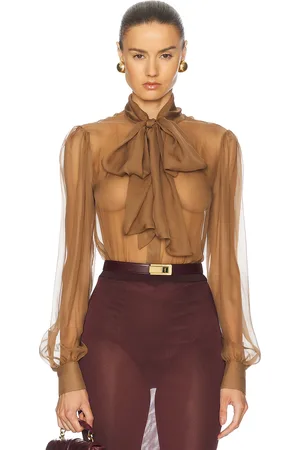 Saint Laurent Sheer Long Sleeve Blouse in Brown