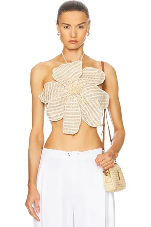 PATBO Candy Linen Hand-Beaded Flower Top in Beige