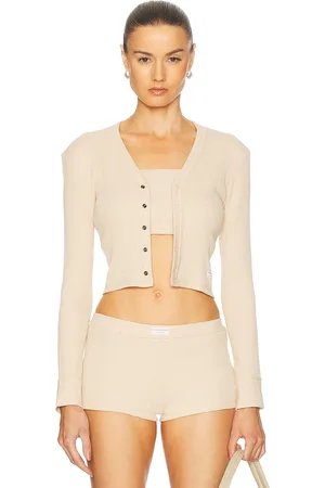 Alexander Wang Long Sleeve Waffle Cardigan in Nude