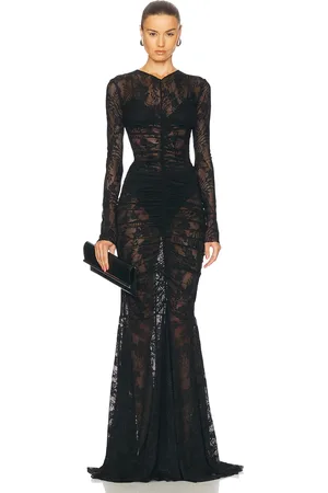 Norma Kamali Long Sleeve V Neck Shirred Front Fishtail Gown in